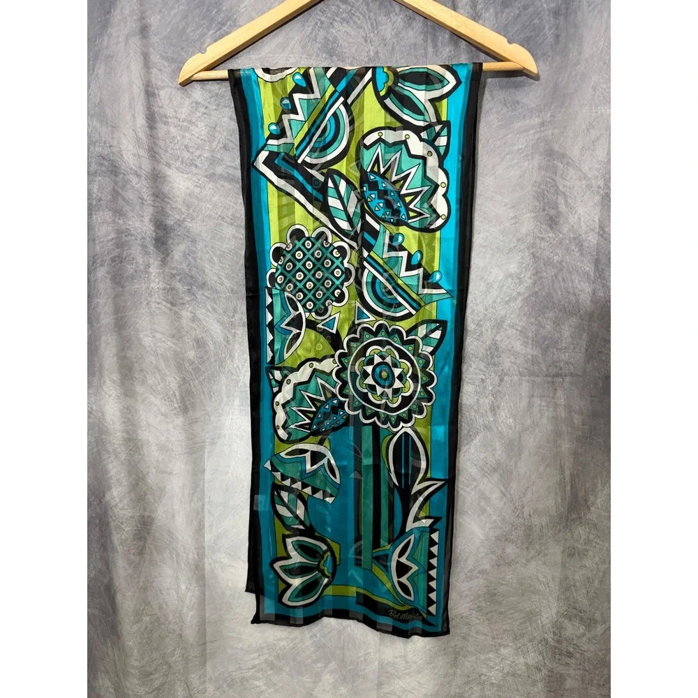 Bob Mackie Wearable Art 100% Silk Scarf Turquoise Green Geometric Floral Wrap